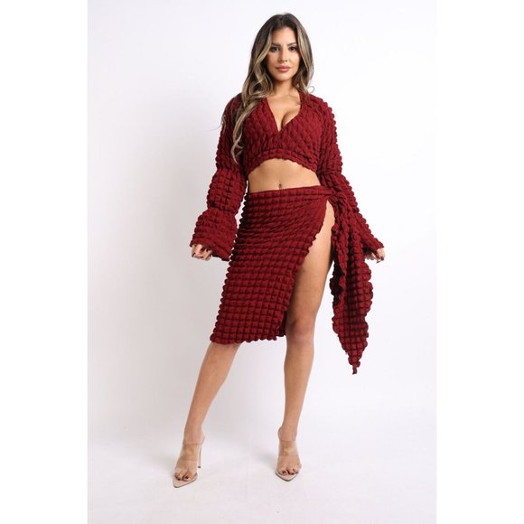 Women's Sexy Popcorn Long Sleeve Top And Matching Side Tie Mini Skirt 2 Pcs Set - Picture 11 of 14